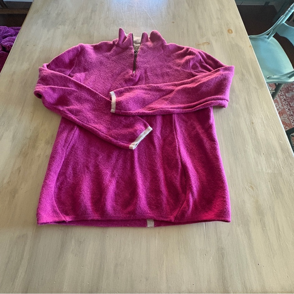 Ibex Vibrant Pink 1/4 Zip Sweater 100% Wool Women L Gray Back Stripe